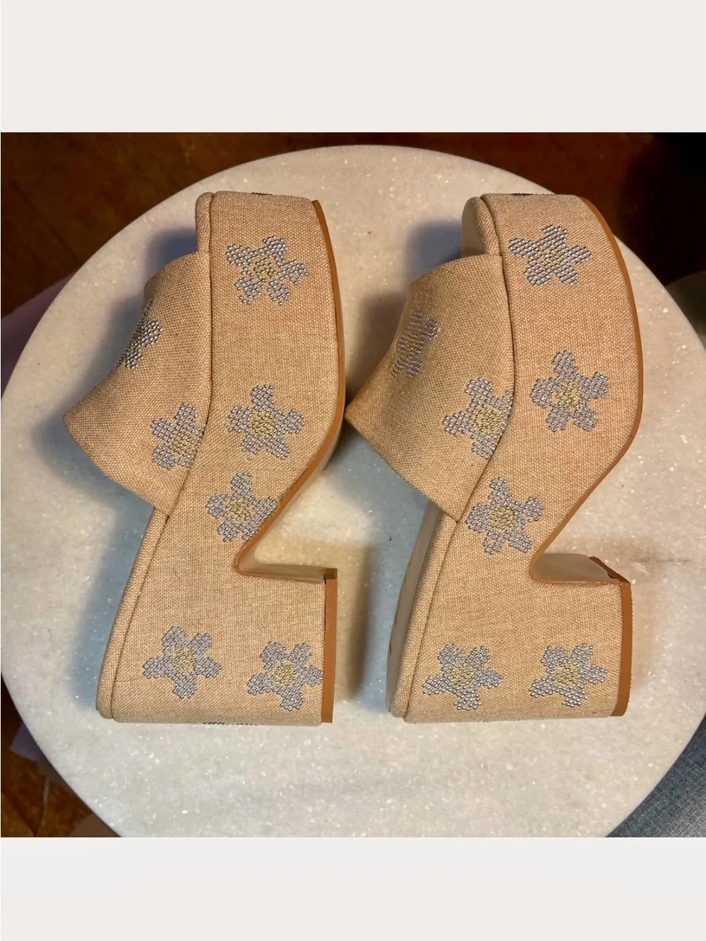 YDN Beige Platform Slide Mules with Silver Studded Flowers